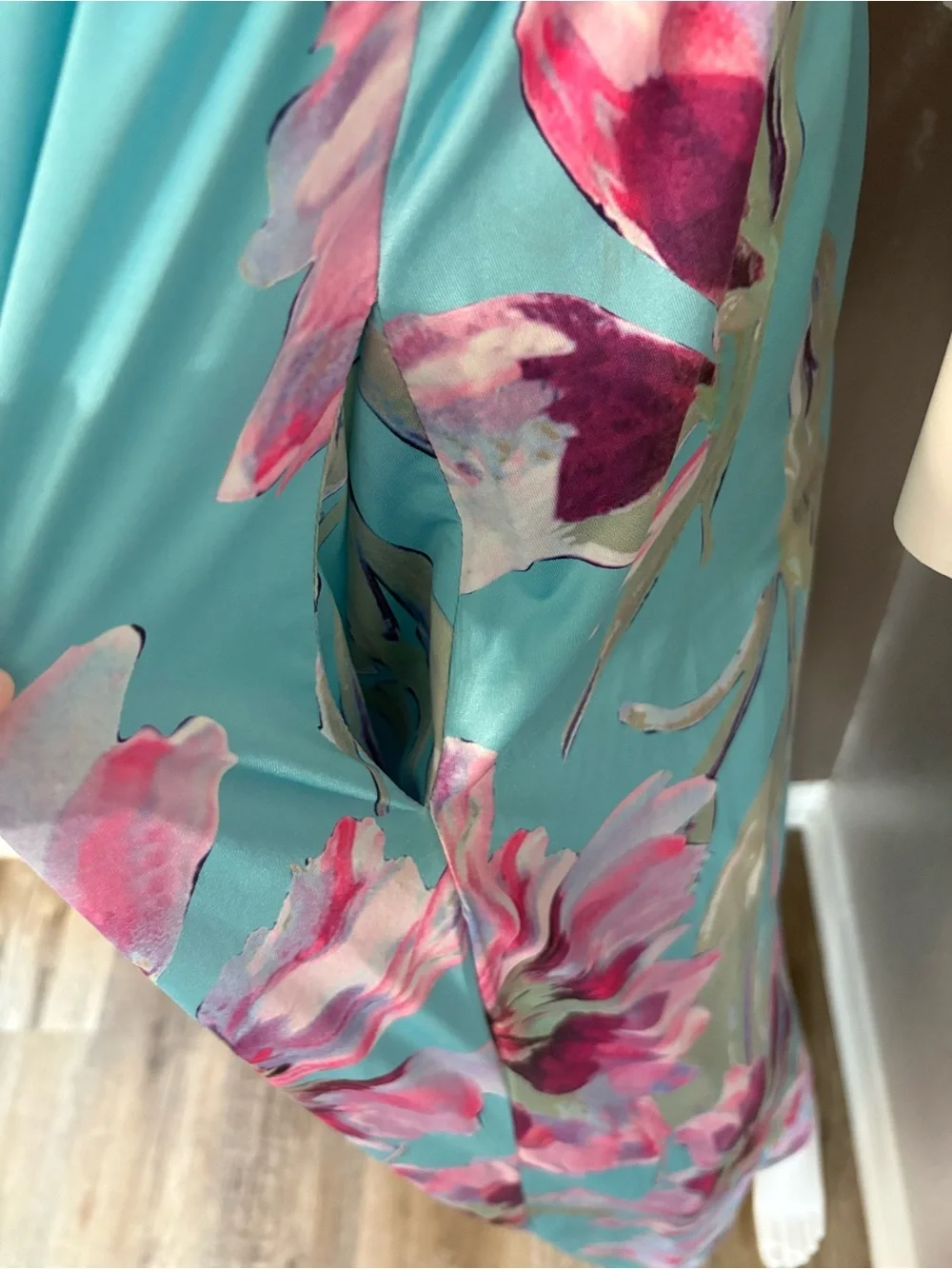 Turquoise Floral Maxi Dress with Pink Accent & Pockets - Picture 4 of 8